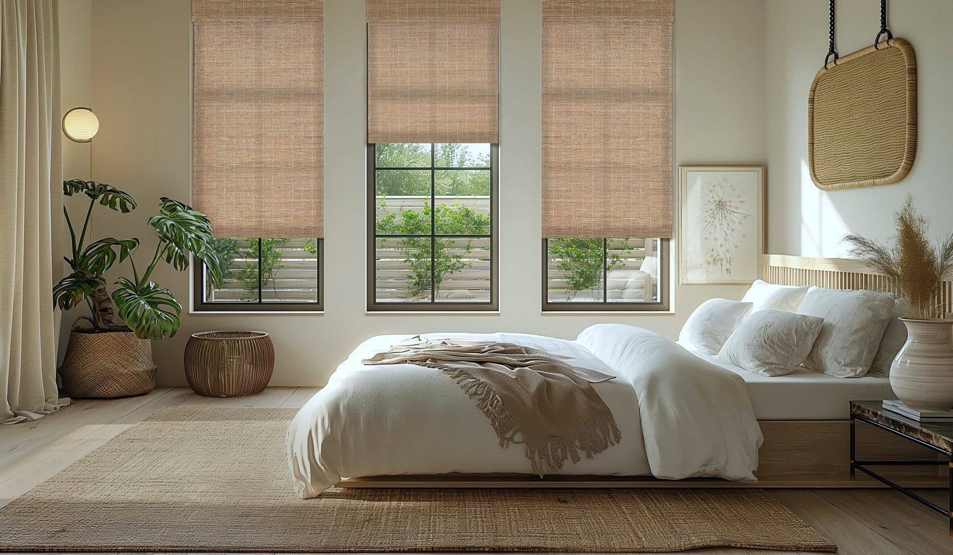 Woven wood shades in a furnished bedroom